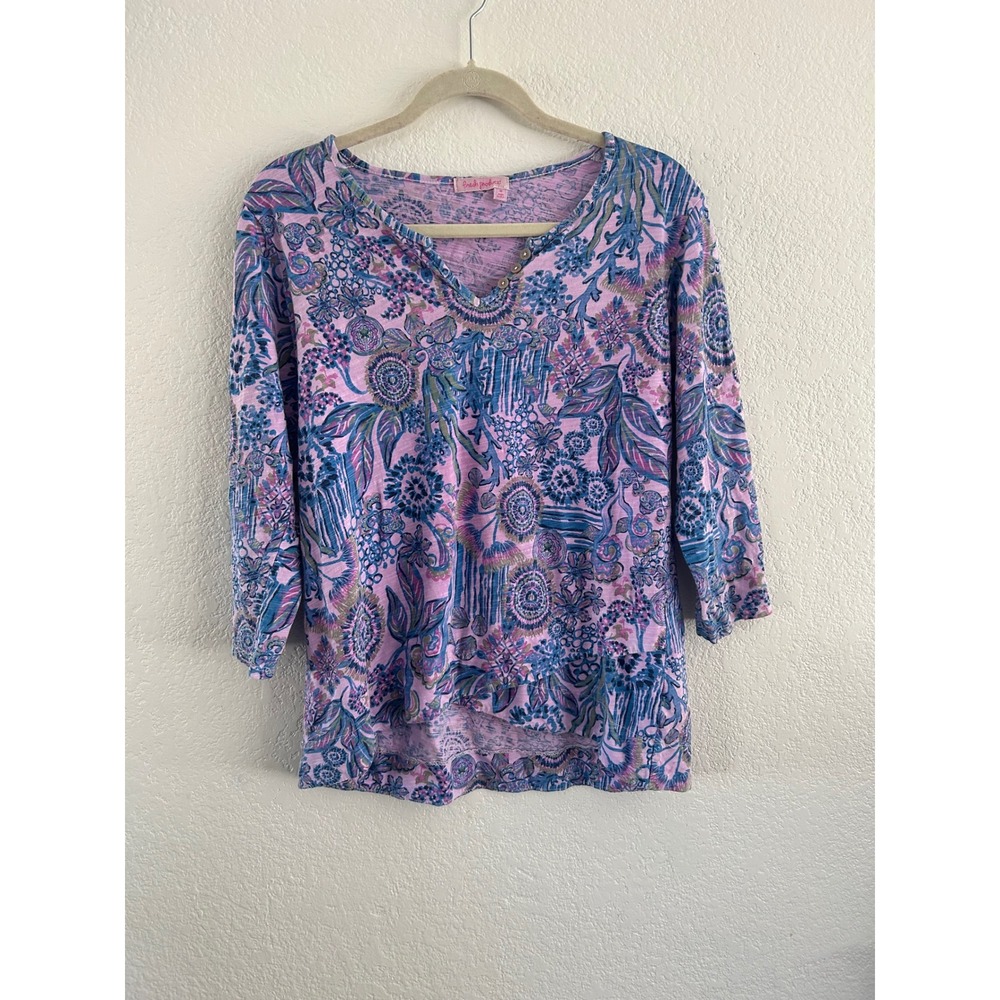Fresh Produce Pink Blue Floral Print Top Women's Medium Made in USA Boho Artsy‎